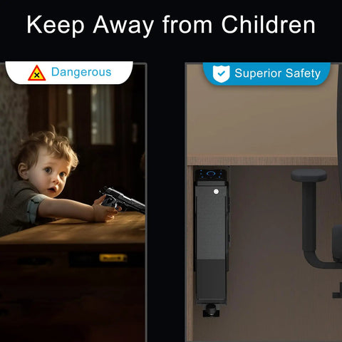 Image comparing danger of unlocked gun to safety with Three Way Access Biometric Gun Safe For Handgun With Fingerprint Recognition PIN Code And Key Backup.