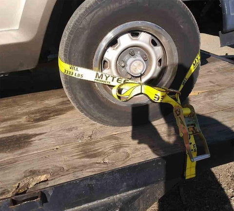 4 Pack Beefed Up Heavy Duty 2 Inch By 10 Foot Wheel Straps With Flat Hooks Lasso Style Tire Tie Downs securing a car tire