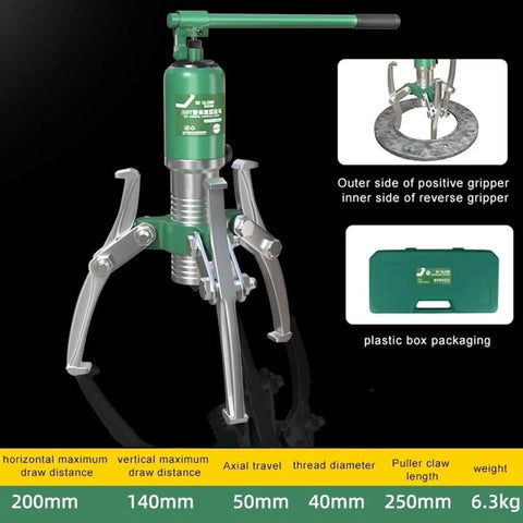 Top Tier 10 Ton Hydraulic Puller Kit Includes Bearing Separator With Two Or Three Jaw Setup For Extracting Stubborn Parts From Vehicles Hell Of A Tool For Guys Who Need Heavy Duty Punch For Any Repair Job At Home Or Professional Workshop. Green hydraulic puller with three-jaw setup, 200mm draw, 50mm stroke, in plastic case