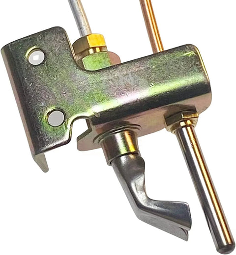 Water heater pilot assembly with thermocouple and natural gas tubing, metal valve body, close-up view
