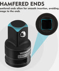Chamfered end of Four Piece Impact Socket Adapter And Reducer Set For One Quarter Three Eighths And One Half Inch Drives Impact Driver And Wrench Conversion Kit Socket Reducers Premium CR MO Steel shown in close-up view