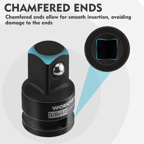 Chamfered end of Four Piece Impact Socket Adapter And Reducer Set For One Quarter Three Eighths And One Half Inch Drives Impact Driver And Wrench Conversion Kit Socket Reducers Premium CR MO Steel shown in close-up view