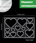 Heavy Duty Acrylic Heart Router Template For Practical Woodworking And Charcuterie Boards Features Twelve Cut Sizes Providing Flawless Trimming Lines That Make Custom Inlay Work No Sweat And Straight Fire, showing heart designs with dimensions.