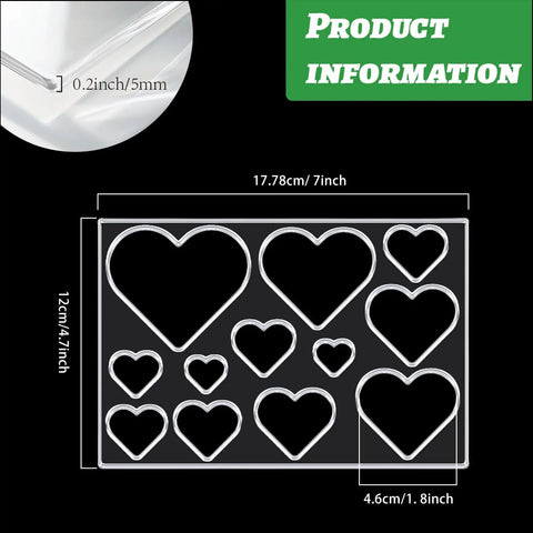 Heavy Duty Acrylic Heart Router Template For Practical Woodworking And Charcuterie Boards Features Twelve Cut Sizes Providing Flawless Trimming Lines That Make Custom Inlay Work No Sweat And Straight Fire, showing heart designs with dimensions.