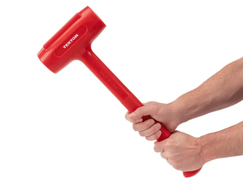 Hands holding 88 Oz Dead Blow Sledge Hammer With Steel Shot Inside For Less Rebound And Maximum Control, Durable Hot Cast Polyurethane Jacket, USA made.