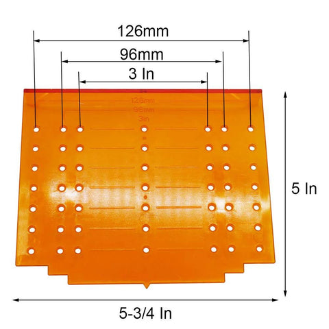 Transparent Orange Drill Mounting Template Pack of 3 for Cabinet Doors and Drawers With Accurate Scale Ideal for Three Inch, Three and Three Quarters Inch, and Five and One Thirty Second Inch Knob Handles Clear Visibility for Quick Alignment and; close-up view with measurements visible