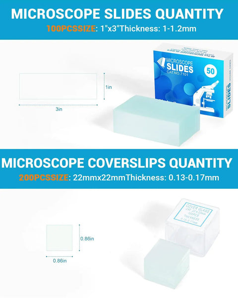 Ultra Clear Microscope Slides and Covers Kit Featuring 100 Blank Pre Cleaned Glass Slides and 200 Cover Slips with dimensions