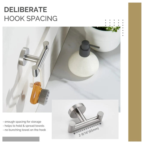 Heavy Duty Brushed Nickel Towel Hook For Bathroom Wall Mount SUS 304 Stainless Steel Double Coat Hook For Towels Hats Bags And More Real Easy Drying And Tough As Nails with soap dispenser in background, featuring deliberate hook spacing.