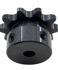 Bottom view of ANSI 35 Roller Chain Sprocket Type B Ten Tooth for Three Eighths Inch Pitch with Two Setscrews at 90 Degrees