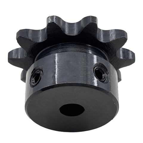 Bottom view of ANSI 35 Roller Chain Sprocket Type B Ten Tooth for Three Eighths Inch Pitch with Two Setscrews at 90 Degrees
