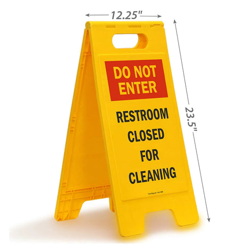 Do Not Enter Restroom Closed For Cleaning Two Sided Folding Floor Sign Plastic Heavy Duty Durable 25 By 12 Inches Red Black Yellow High Visibility Double Sided For Busy Hallways And Maintenance Areas, yellow plastic sign