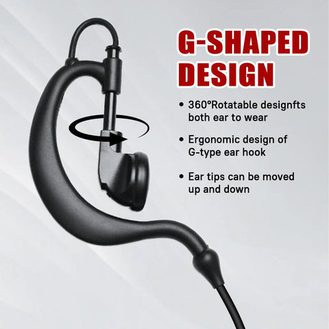 G Shape Earpiece Walkie Talkie Mic Headset for Ham Radio with rotatable G-shaped ear hook design and adjustable ear tips