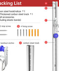 Packing list for Rock Solid One Piece Resistance Bands Wall Anchor includes carbon steel track, workout anchor, screws.