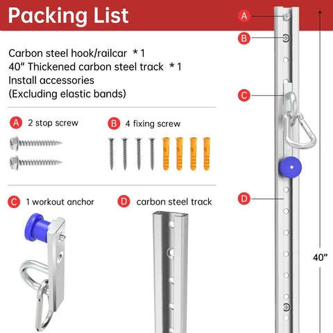 Packing list for Rock Solid One Piece Resistance Bands Wall Anchor includes carbon steel track, workout anchor, screws.