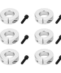 Six Piece Lightweight Aluminum Alloy Shaft Collar Set Clamping Lock Rings To Fix Shafts And Bits With Anti Rust Coating Good For Garage And Workshops Where Stability Matters Most This Quality Kit Keeps Hardware Locked Firm Without Loosening Giving Safe. six aluminum shaft collars and black screws on white background
