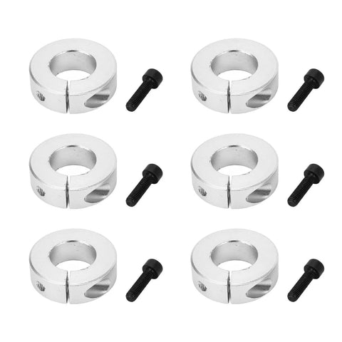 Six Piece Lightweight Aluminum Alloy Shaft Collar Set Clamping Lock Rings To Fix Shafts And Bits With Anti Rust Coating Good For Garage And Workshops Where Stability Matters Most This Quality Kit Keeps Hardware Locked Firm Without Loosening Giving Safe. six aluminum shaft collars and black screws on white background