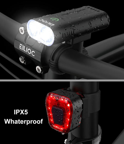 6400mAh USB C Bike Lights Set With 1200 Lumen Front Headlight And Taillight Aluminum Alloy Build IPX5 Waterproof Five Modes Color Options White Red Black Long Battery Life Up To 11+ Hours USB Power Bank Capability