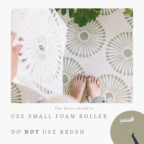 Person using Reusable 12x12 Tile Stencil Set 2 Pack For Floors Walls And Concrete, Large Boho Mandala Templates with foam roller
