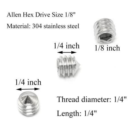 Sturdy 25 Pack 1/4-20 Hex Socket Grub Screws Set In 304 Stainless Steel, Full Thread, Cone Point, Deep Threads, Corrosion Resistant.