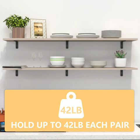 Image showing the 6-Piece L Shelf Brackets, 5x2 Inch Corner Support Brackets installed, holding wooden shelves with a 42 LB capacity.
