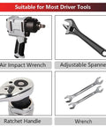 Image showing air impact wrench, adjustable spanner, ratchet handle, and wrench, labeled as suitable for most driver tools.