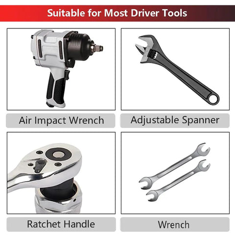 Image showing air impact wrench, adjustable spanner, ratchet handle, and wrench, labeled as suitable for most driver tools.