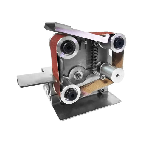 Ultra Compact Mini Electric Belt Sander With 4 Axis Variable Speed detailed view showing metallic structure and sanding belt setup.