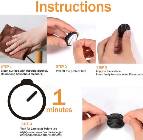 Instructions for Colorful Cable Clips Organizer With Strong Adhesive 25 Pack, showing step-by-step guide for application