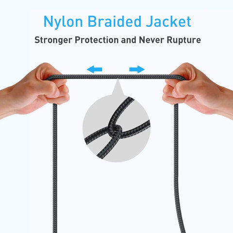 Hands demonstrating the durability of the nylon braided jacket on the Ultra Long 10FT USB 3.0 Extension Cable Type A Male To Female.
