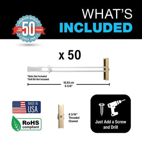 Heavy-Duty Drywall Toggle Bolt Kit With Three Sixteenth Inch 24 UNC Zinc-Plated Anchors For Hollow Walls Plaster And Tile Holds Up To 238 Lbs In Half Inch Drywall And 802 Lbs In Concrete Fast Easy Install 50 Pack Without Bolts
