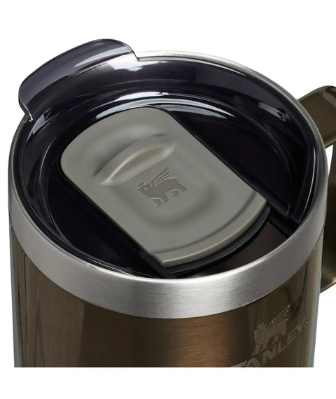 Close-up of Everyday Camp Mug 12oz with drink-through lid, showing stainless steel body and BPA-free top, ideal for camping or desk use.