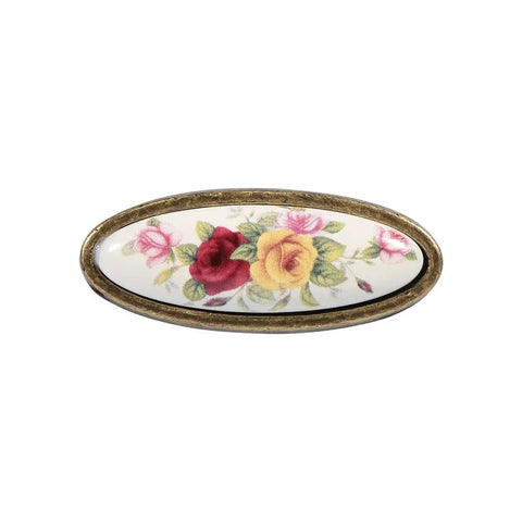Close-up of Ceramic Cabinet Handles Antique Brass Pulls Vintage Drawer Knobs with a flower motif, for furniture hardware use.