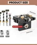 Rock Solid Precision 3 In 1 Doweling Jig Drill Guide For Reliable Furniture Assembly Heavy Duty Aluminum And Brass Woodworking Aid Fits 15 Millimeter Side Hole Zero Fuss showing dimensions and drill bit sizes.