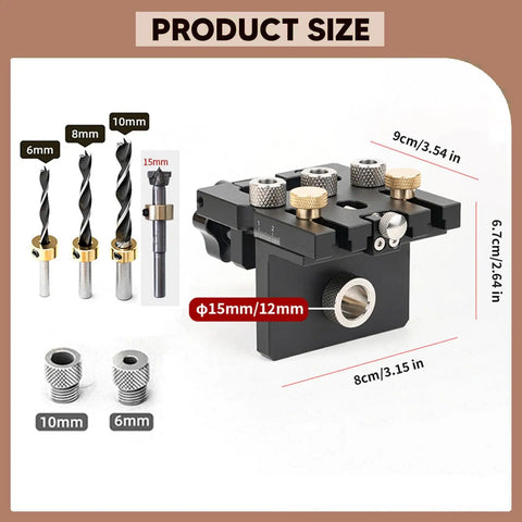 Rock Solid Precision 3 In 1 Doweling Jig Drill Guide For Reliable Furniture Assembly Heavy Duty Aluminum And Brass Woodworking Aid Fits 15 Millimeter Side Hole Zero Fuss showing dimensions and drill bit sizes.