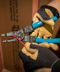 8 Inch Long Nose Wire Cutter Multi Tool With Wire Stripper And Crimper For Electricians used by gloved hands, made in USA