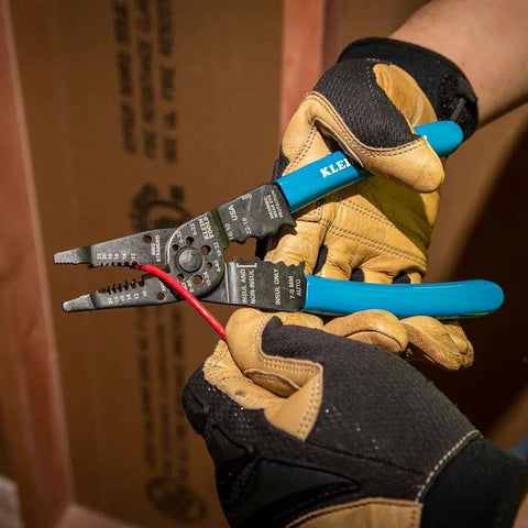 8 Inch Long Nose Wire Cutter Multi Tool With Wire Stripper And Crimper For Electricians used by gloved hands, made in USA