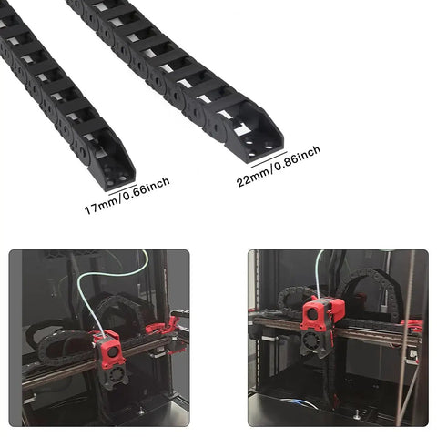Vorn 2.4 350 3D Printer Cable Chain Set Open Tank Drag Chains installed on 3D printer, showing low noise operation, black PA66 nylon.