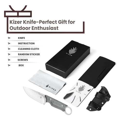 Cabox Fixed Blade Knife 3.35 Inch D2 Steel Blade With Micarta Handle and accessories in box for the outdoor enthusiast.
