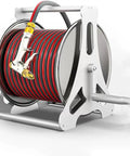 Heavy Duty Garden Hose Reel Cart With Wall Mount Water Hose Holder, Sturdy Stainless Steel Build, Smooth Rolling Mechanism, Kink Free 132 Foot Tube showing hose and cart.