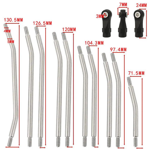 313mm Wheelbase Stainless Steel Link Rod Set For 1x10 RC Axial SCX10 II 90046 90047 Rock Crawlers with 10 pieces shown