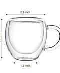 Double Wall Insulated Espresso Cups Set Of Two Borosilicate Glass Demitasse Mugs With Handle, 2.5 inch height, 2.3 inch width.