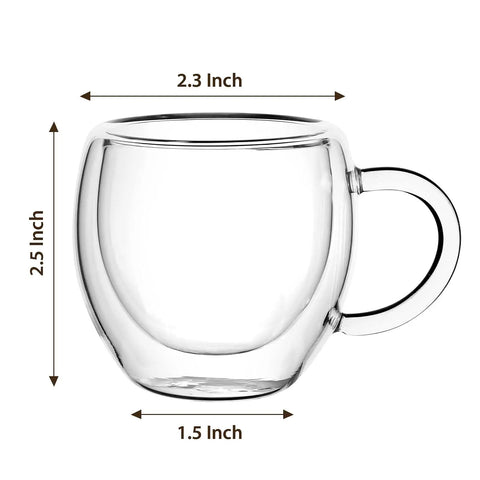 Double Wall Insulated Espresso Cups Set Of Two Borosilicate Glass Demitasse Mugs With Handle, 2.5 inch height, 2.3 inch width.
