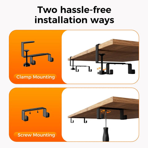 38 Inch Under Desk Cable Management Tray showing clamp and screw mount installation methods for office and home use