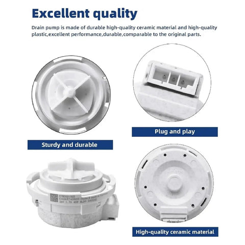 Washer Drain Pump Motor For Front Load Washers Replacement, Electric Waste Water Outflow Pump With High Flow Impeller, Easy Install, Quiet Operation, Durable Build, Fits Most Major Laundry Machines; white ceramic plastic part
