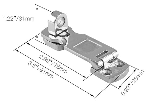 Marine Grade 316 Stainless Steel Door Hasps 2 Pack, 3 Inch Heavy Duty Swivel Safety Hasps with dimensions and polished finish