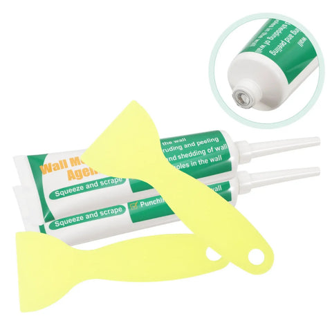 Two Set Wall Mending Cream Kit Quick Drying Drywall Crack Repair Paste With Scraper, front view showing tubes and dual scrapers.