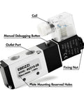 5 Port 2 Position Pneumatic Solenoid Valve Pilot Operated 5/2 Valve With Dual-Voltage DC12V/DC24V/AC110V Supply 1/4 Inch NPT Connection includes junction box.