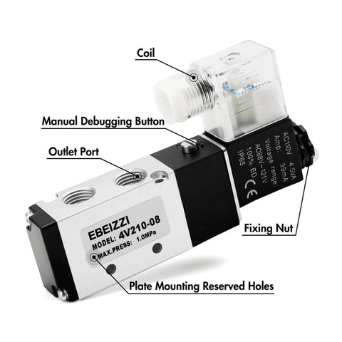 5 Port 2 Position Pneumatic Solenoid Valve Pilot Operated 5/2 Valve With Dual-Voltage DC12V/DC24V/AC110V Supply 1/4 Inch NPT Connection includes junction box.