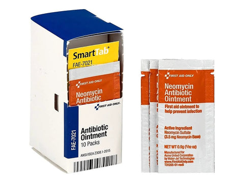 Front view of First Aid Only FAE-7021 antibiotic ointment refill box with 10 Neomycin packets