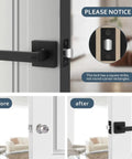 6 Pack Heavy Duty Privacy Door Lever Lock Sets Matte Black Keyless Door Knobs for Interior Doors shown installed on a white door